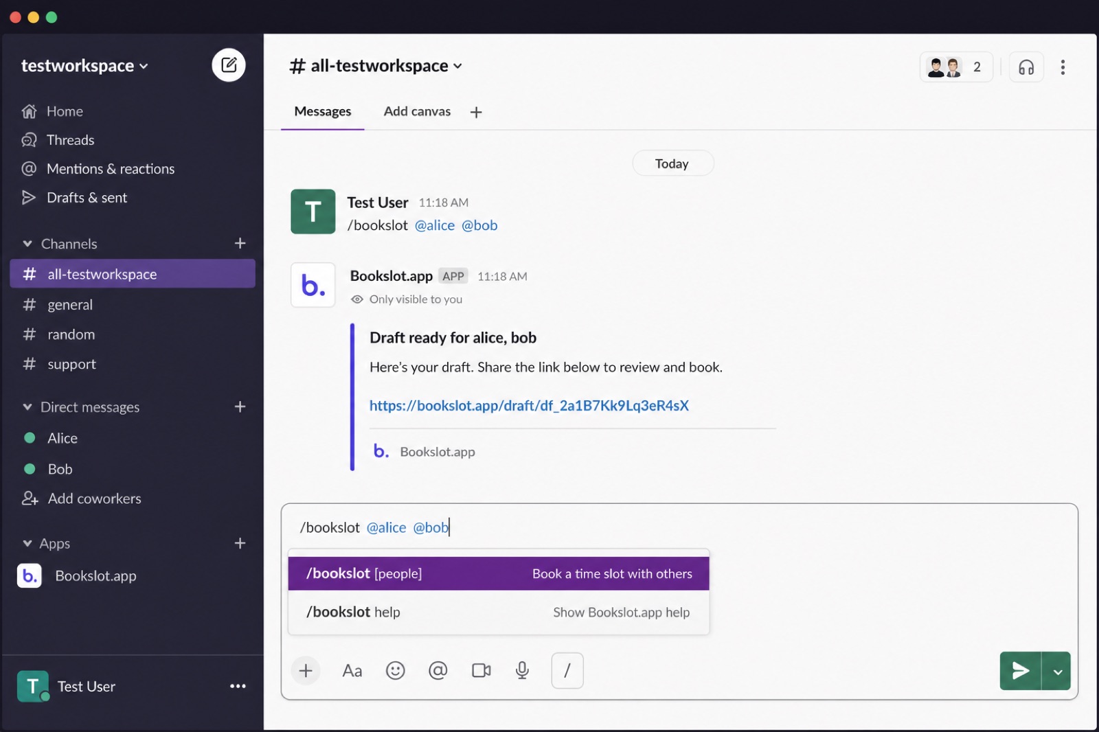 Starting a poll with the /bookslot Slack command
